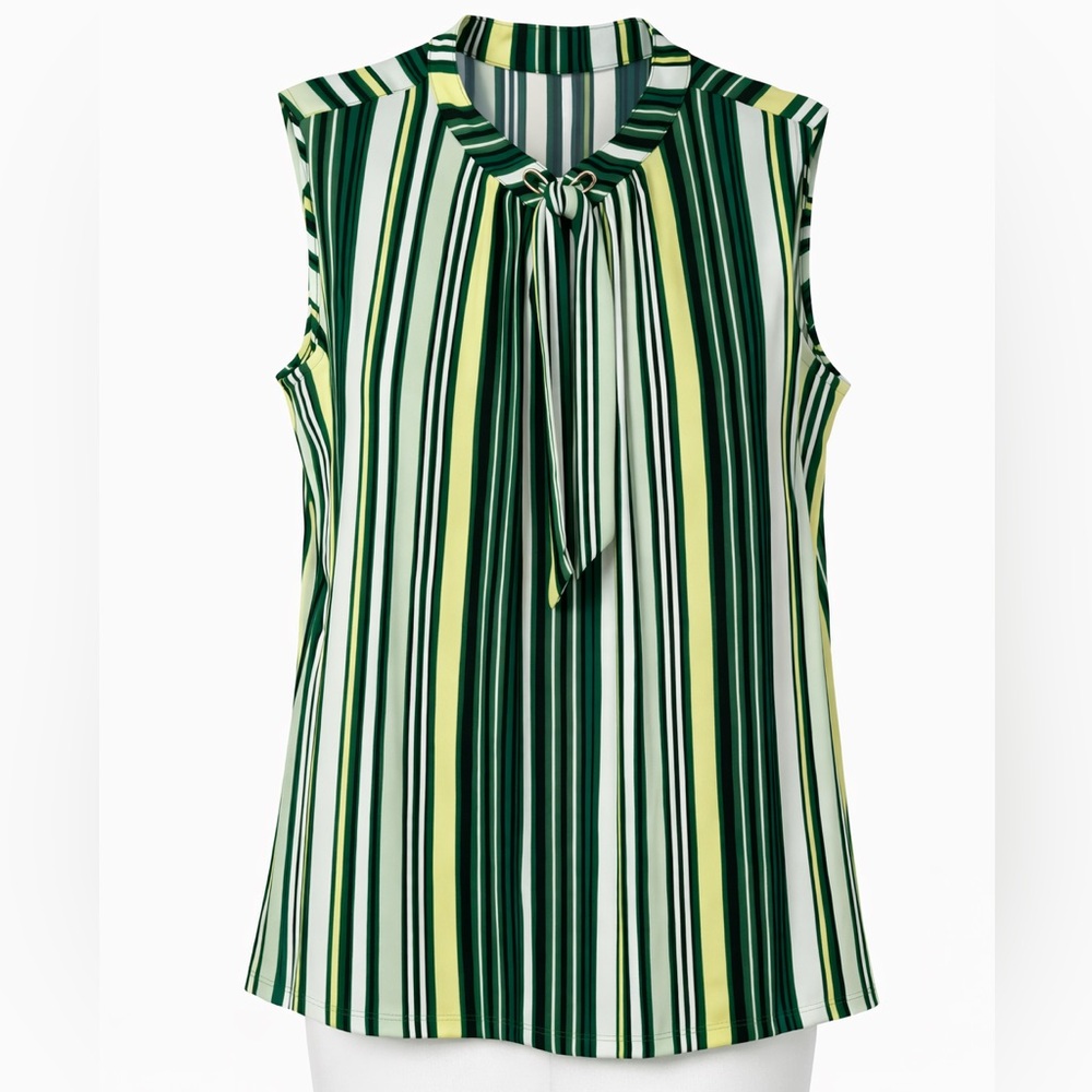 NWT Liz Claiborne Sleeveless Tie Neck Blouse Green Yellow Striped Size XXL - Picture 2 of 5